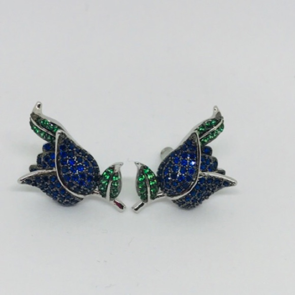 New Gorgeous Rare Blue Rose CZ White GP Earrings